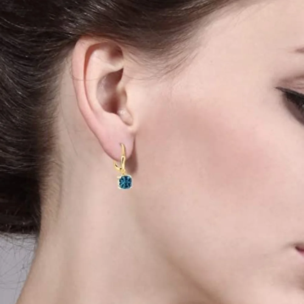 18k Yellow Gold 2.35ct Blue London Topaz Cushion Earrings Silver 925 Anniversary